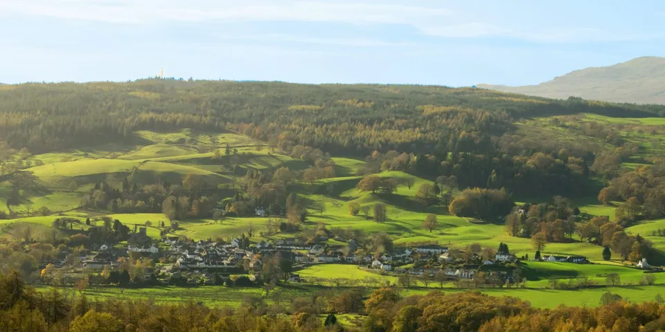 Troutbeck village nestled among green fells and woodland