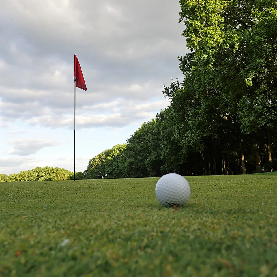 Three golfers silhouetted on a fairway against a blue sky